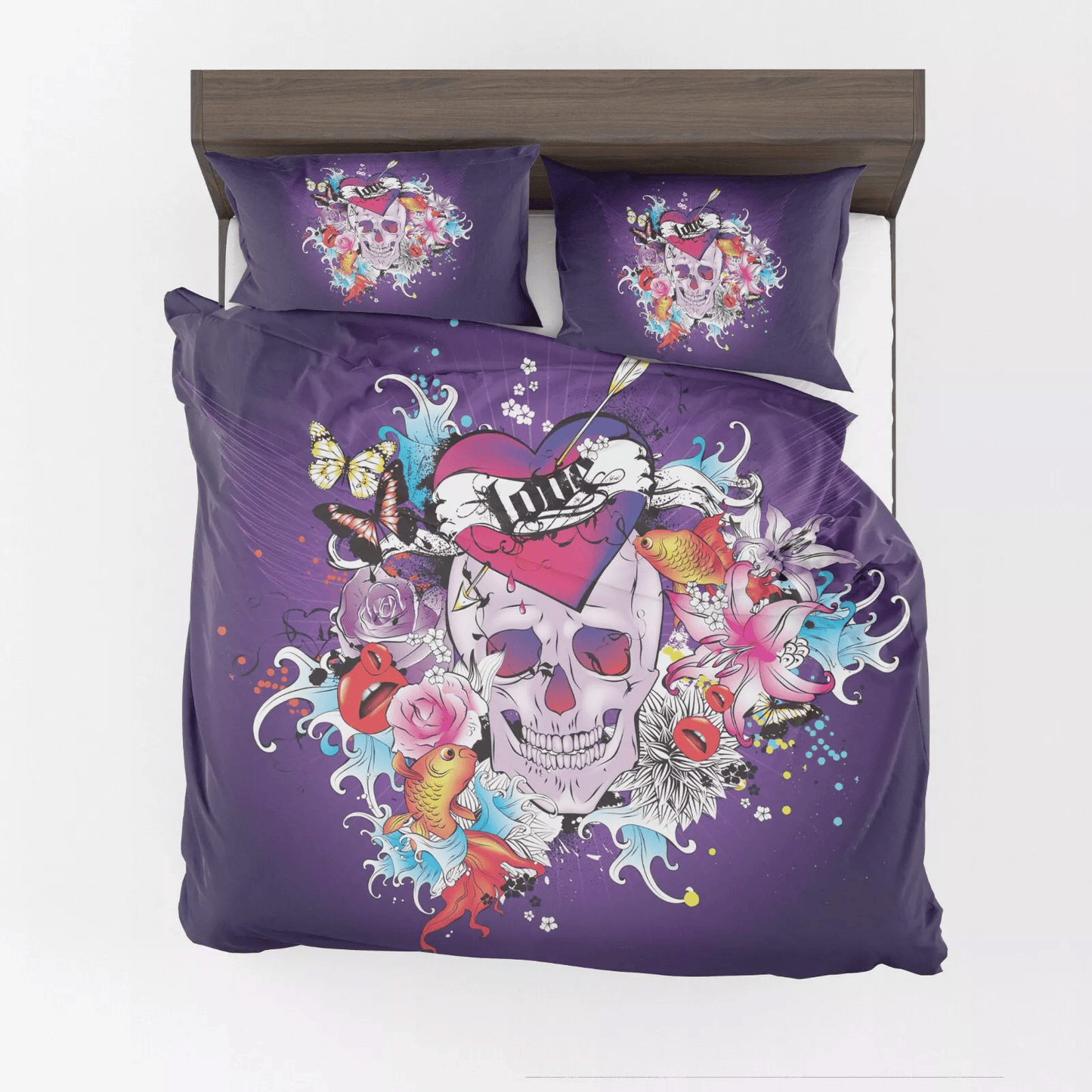 Skull Bedding Set Skull Love Fish Flower Butterflies Pattern Duvet Covers Purple Unique Gift