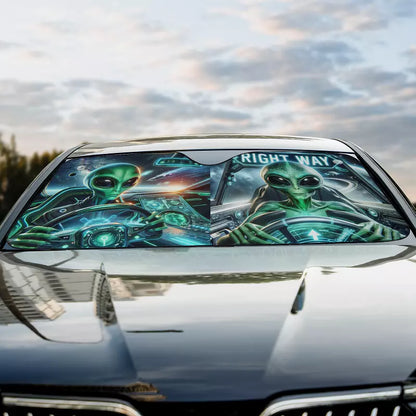 Alien Car Sun Shade Alien Driving The Right Way Winshield Sun Shade Green