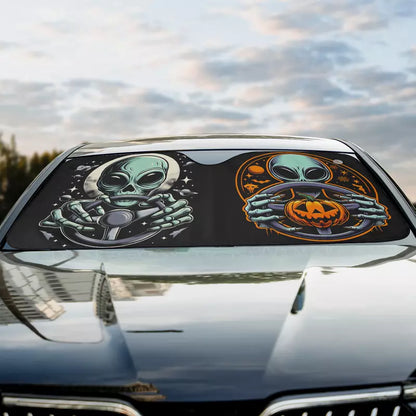 Alien Car Sun Shade Hlloween Alien On The Wheel Winshield Sun Shade Black