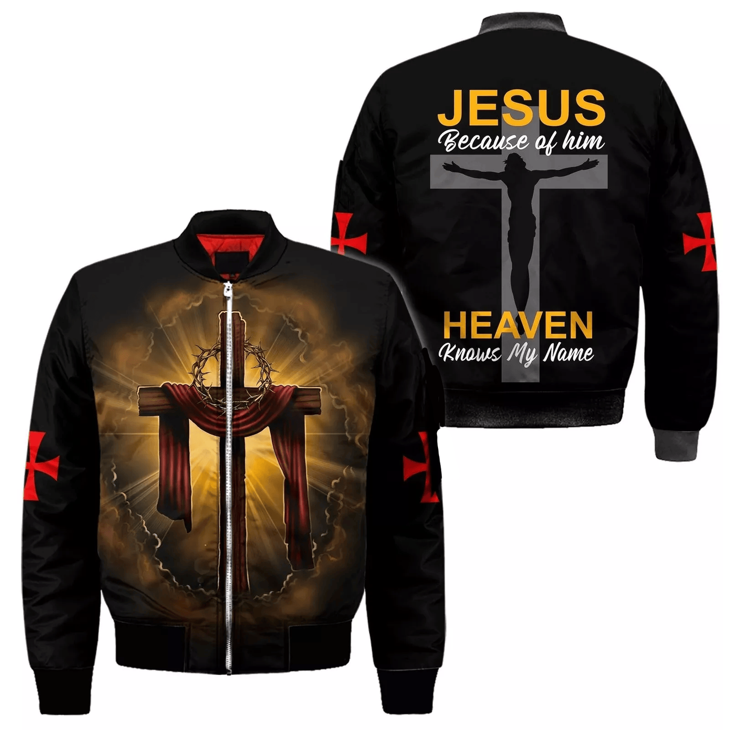 Jesus Bomber Jacket Because Of Him Heaven Knows My Name Bomber Black Unisex