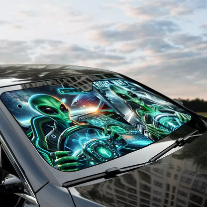 Alien Car Sun Shade Alien Driving The Right Way Winshield Sun Shade Green