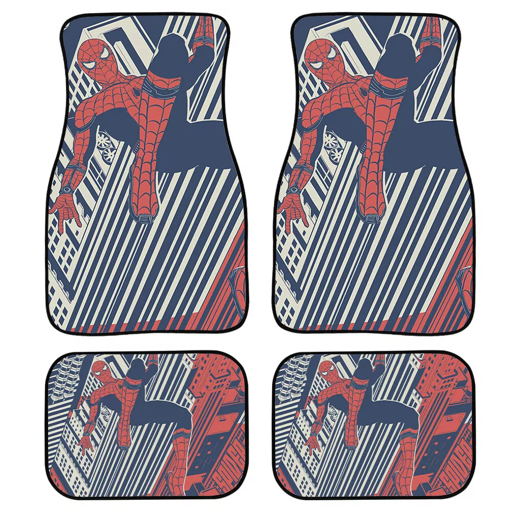 Spiderman Car Mats Spiderman Swinging Through Tower Buildings Car Floor Mats Red Black