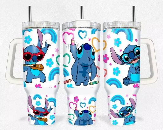 Stitch 40 Oz Tumbler Stitch Painting Rainbow Pattern Tumbler 40 Oz White Blue