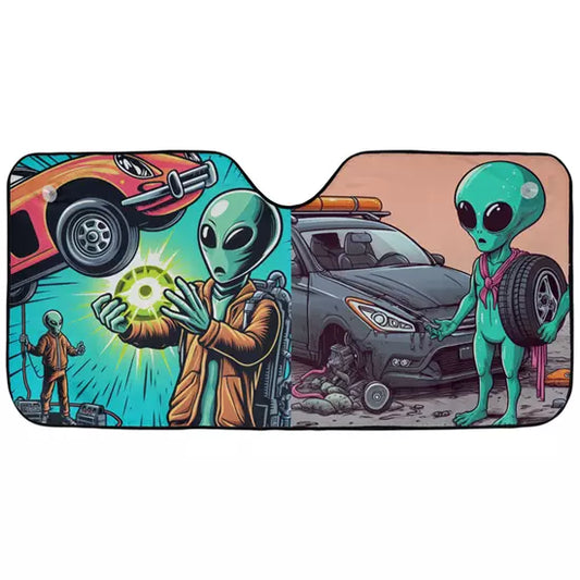 Alien Car Sun Shade Alien Fixing Broken Car Winshield Sun Shade Colorful