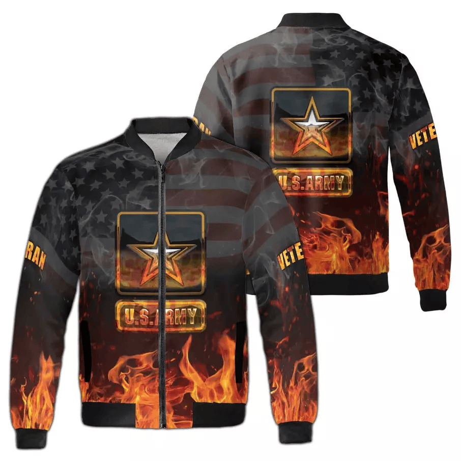 Veteran Bomber Jacket US Army Veteran Fire Graphic Bomber Black Orange Unisex