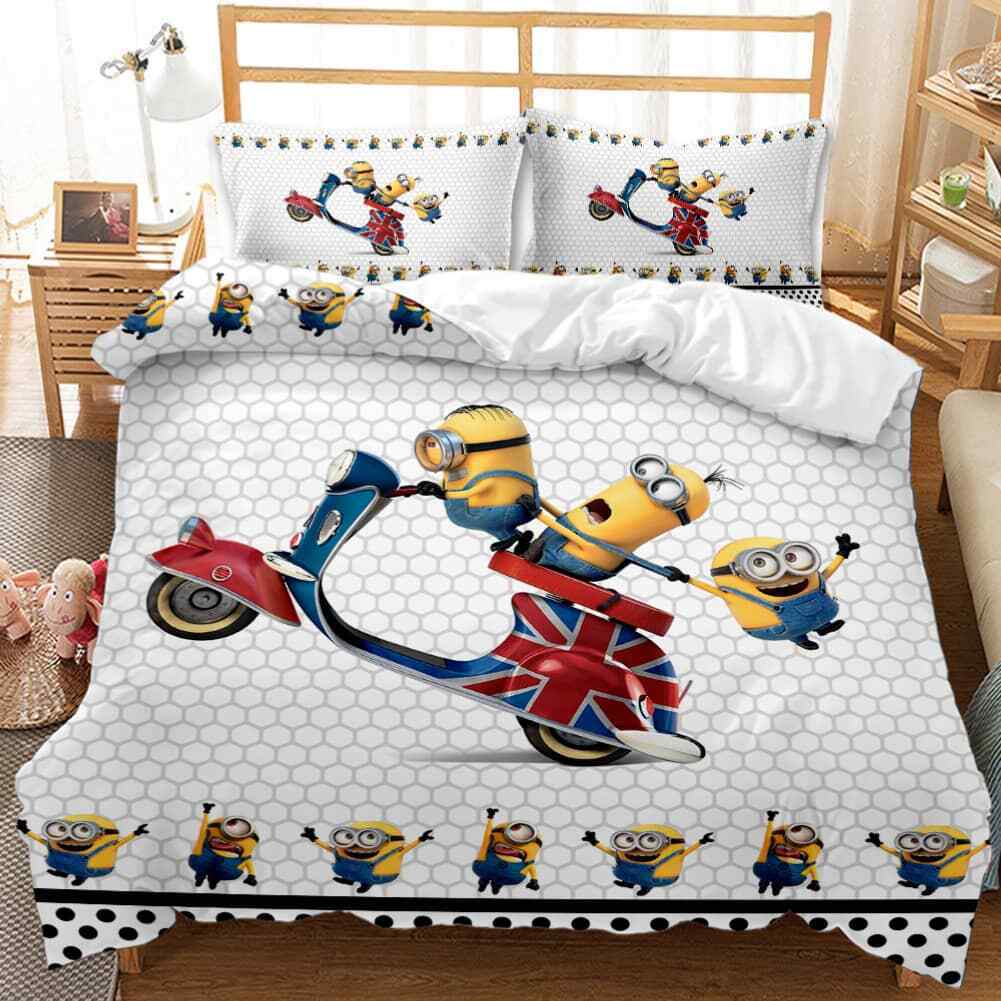 Minions Bedding Set Minions Drive Bicycles Graphic Duvet Covers White Unique Gift