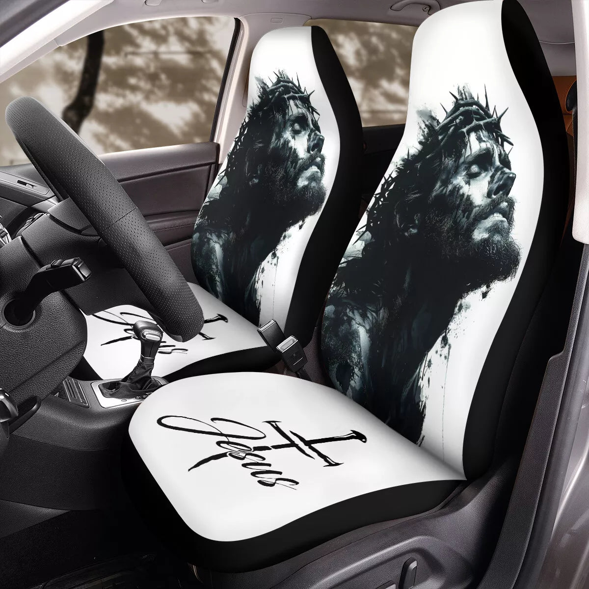 Jesus Car Seat Covers Jesus Thorn Crown Graphic Seat Covers Black White