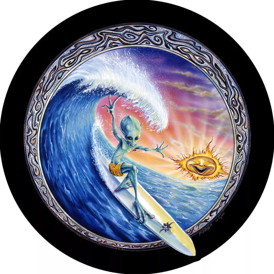 Alien Spare Tire Cover Alien Surfboarding In The Sea Tire Covers Blue