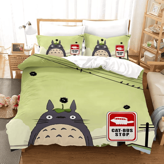 SGhibli Bedding Set Totoro And Cat Bus Stop Duvet Covers Green Unique Gift