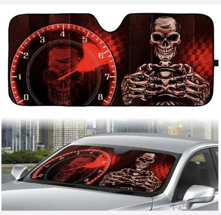 Skull Car Sun Shade Driving Skull Speed Meter Winshield Sun Shade Red