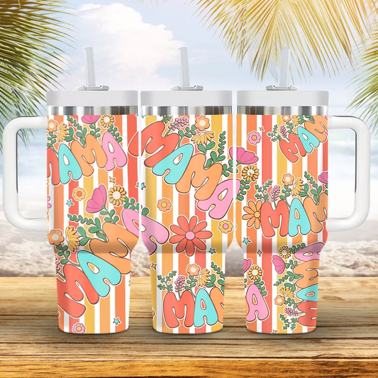 Mother 40 Oz Tumbler Mama Flowers Stripes Pattern Tumbler 40 Oz Orange