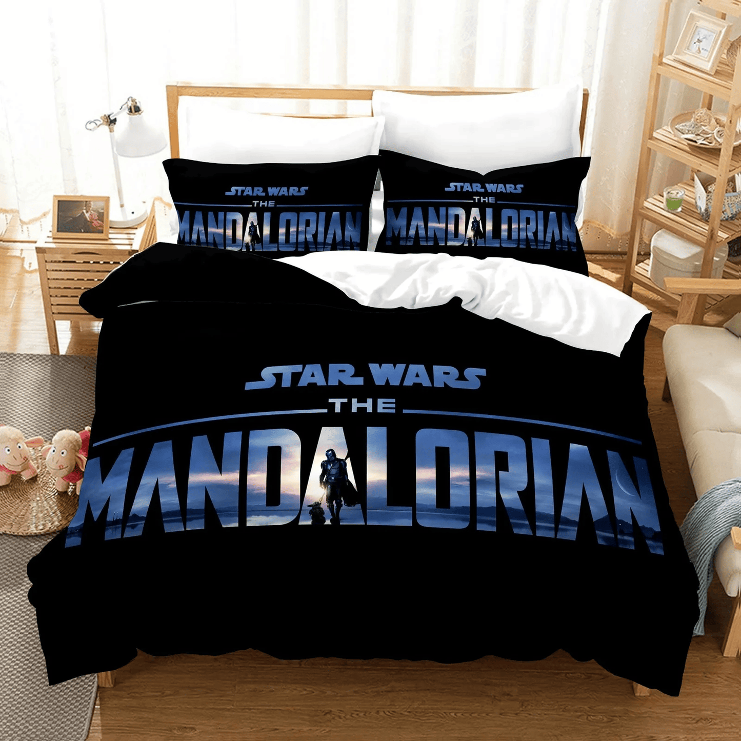 SW Bedding Set SW Mandalorian Bady Yoda Graphic Duvet Covers Black Blue Unique Gift