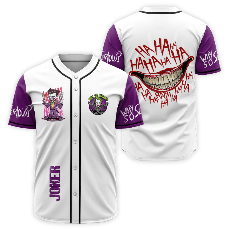 DC Jersey DC Joker Joker Chibi Graphic Why So Serious White Purple Jersey Shirt DC Baseball Jersey Joker Baseball Jersey