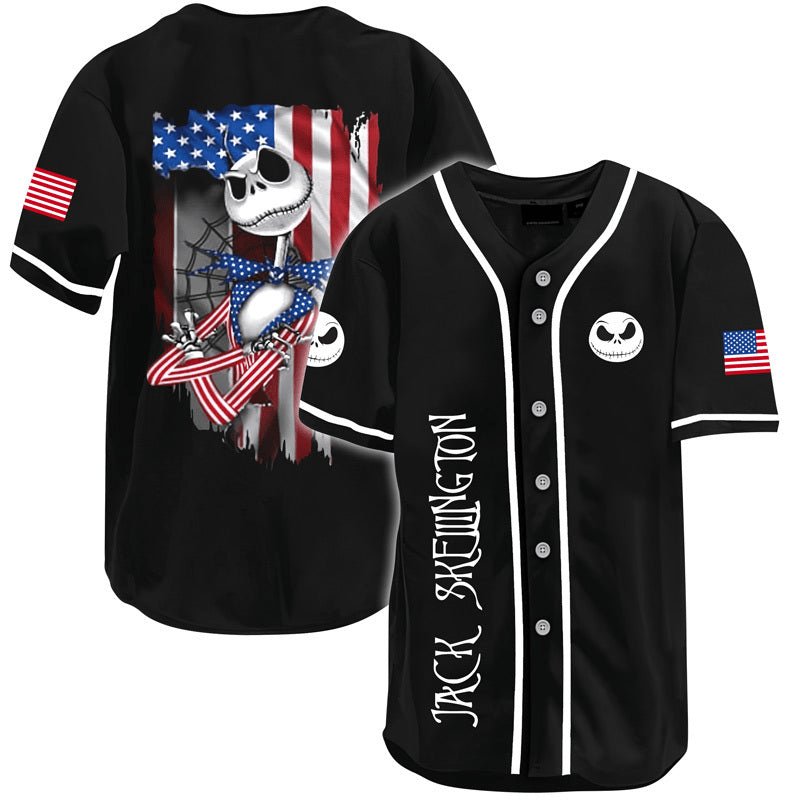 TNBC Jersey Jack Skellington American Flag Graphic Black Jersey Shirt TNBC Baseball Jersey