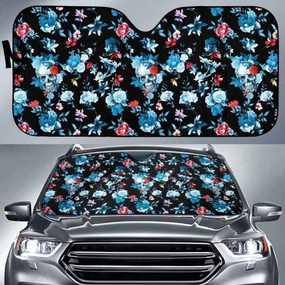 Skull Car Sun Shade Skull With Flower Roses Leave Pattern Winshield Sun Shade Black Blue