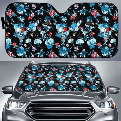 Skull Car Sun Shade Skull With Flower Roses Leave Pattern Winshield Sun Shade Black Blue