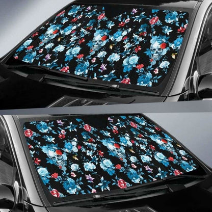 Skull Car Sun Shade Skull With Flower Roses Leave Pattern Winshield Sun Shade Black Blue