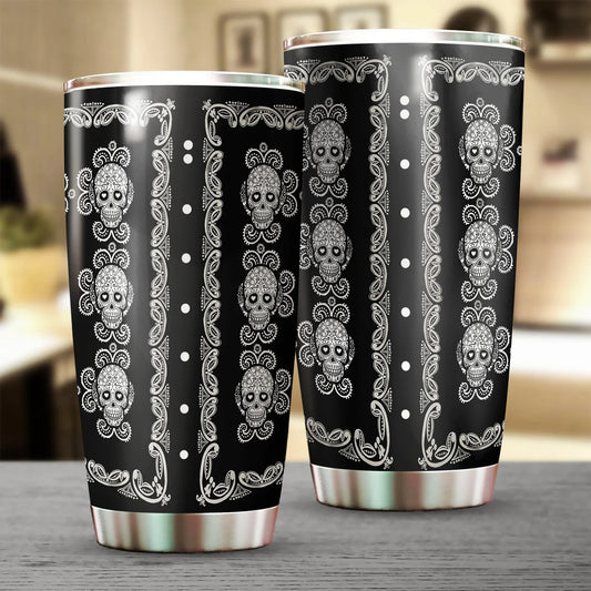 Skull Tumbler Sugar Skull Leaves Flowers Pattern Tumbler Cup Black White