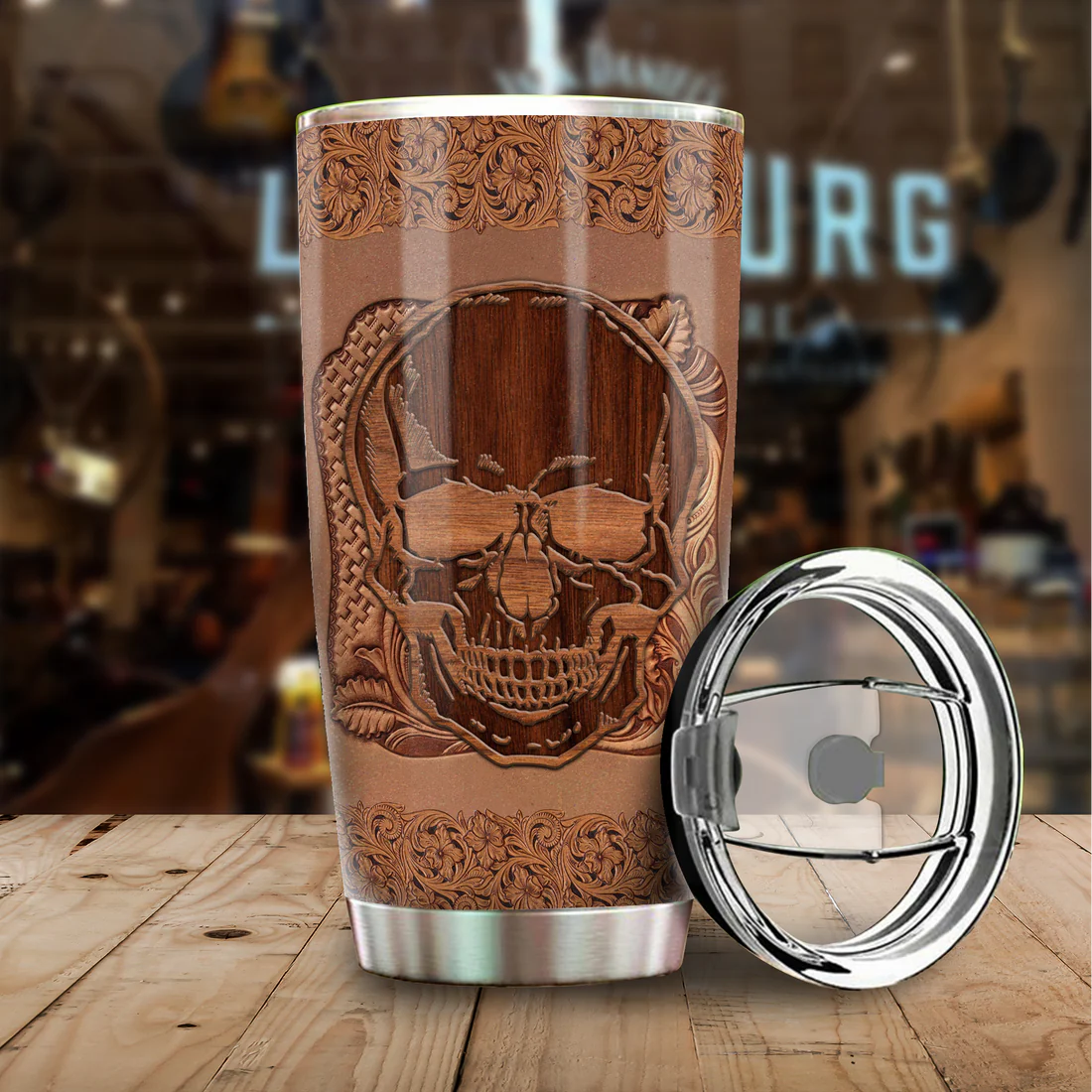 Skull Tumbler Carving Skull Wooden Pattern Tumbler Cup Brown