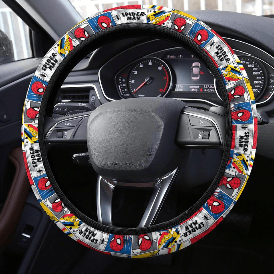 Spiderman Steering Wheel Cover Spiderman Fighting Pow Comic Style Pattern Driving Wheel Cover Colorful