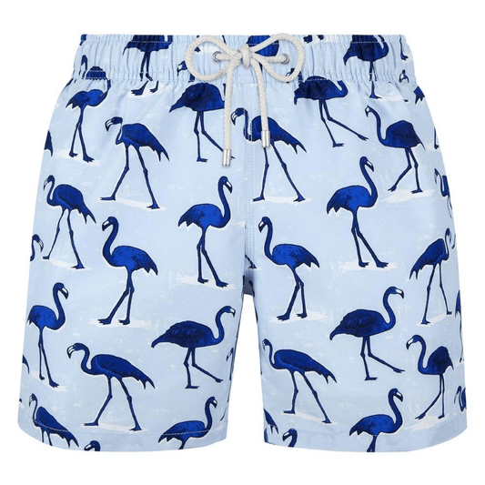 Flamingo Shorts Walking Flamingo Pattern Beach Shorts Blue