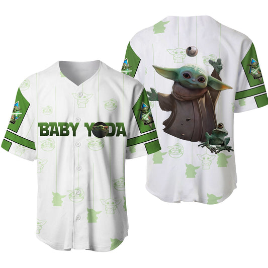 Star Wars Jersey Star Wars Baby Yoda With The Frog Patterns White Green Jersey Shirt Star Wars Baseball Jersey Baby Yoda Baseball Jersey