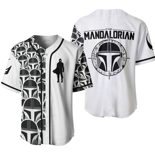 Star Wars Jersey Star Wars Character Mandalorian Helmet Pattern Black White Jersey Shirt Star Wars Baseball Jersey Mandalorian Baseball Jersey