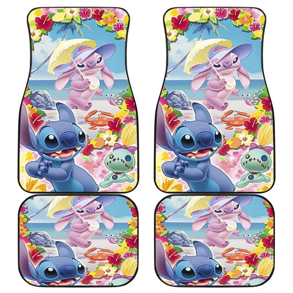 Stitch Car Mats Stitch Angel Doll On The Beach Flower Pattern Car Floor Mats Colorful