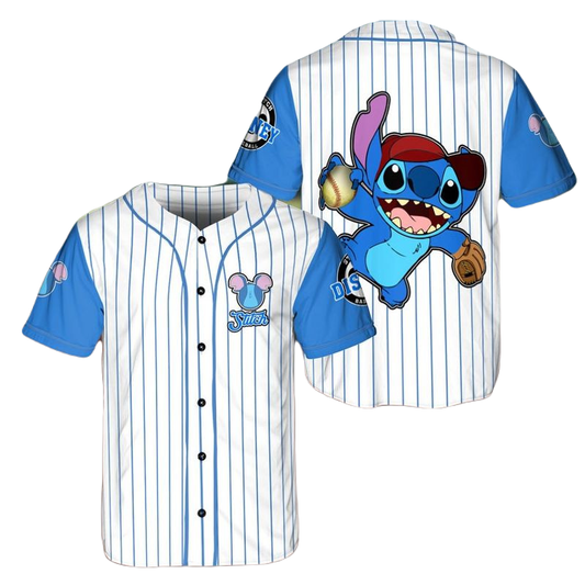 Stitch Baseball Jersey Playing As Pitcher Stitch Jersey Shirt White Blue Unisex Adult New Release