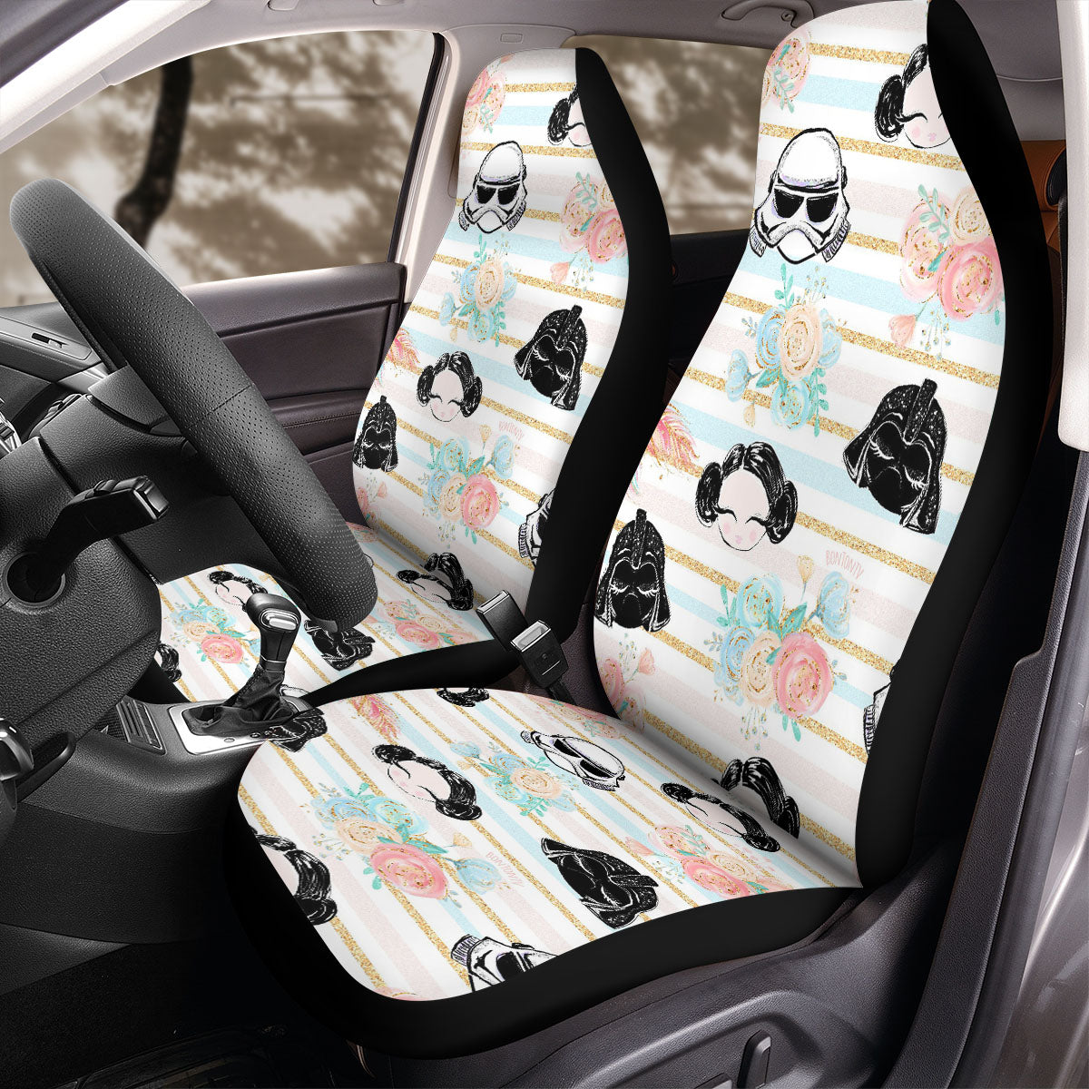 SW Car Seat Covers Stormtrooper Darth Vader Chibi Flower Pattern Seat Covers White