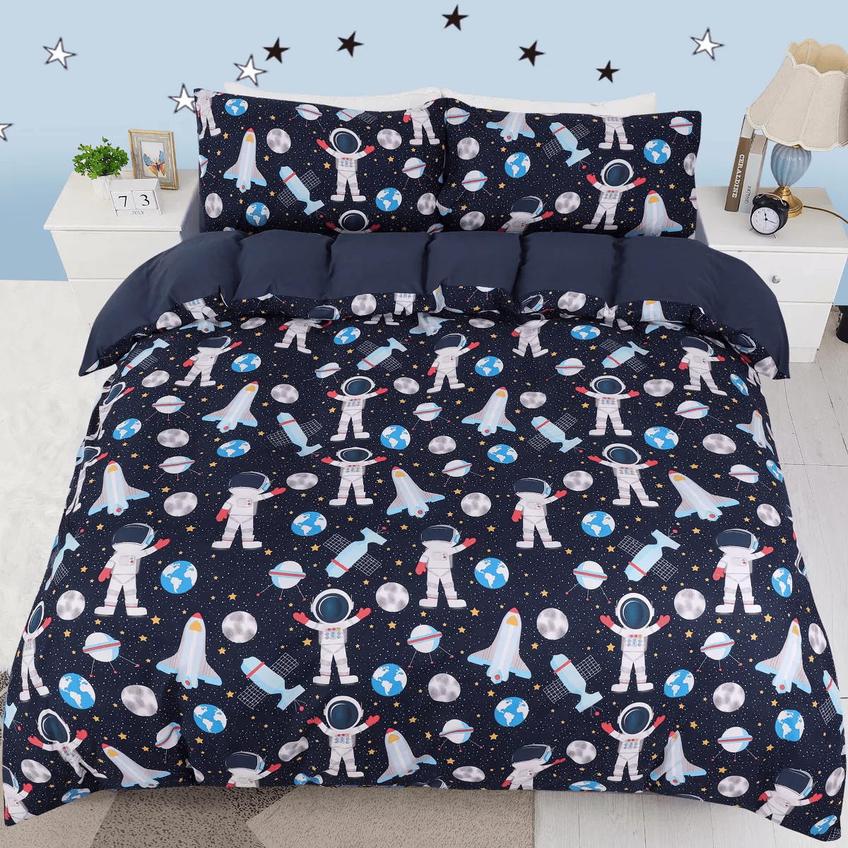 Astronaut Bedding Set Astronaut Satellite Earth Planet Pattern Duvet Covers Black Unique Gift