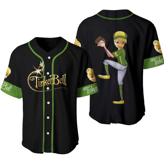 Disney Peter Pan Jersey Disney Character Tinker Bell Catcher Player Graphic Black Green Jersey Shirt Disney Peter Pan Baseball Jersey