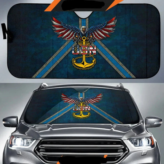 Veteran Car Sun Shade USN Symbol Eagle Flag Wings Winshield Sun Shade Blue