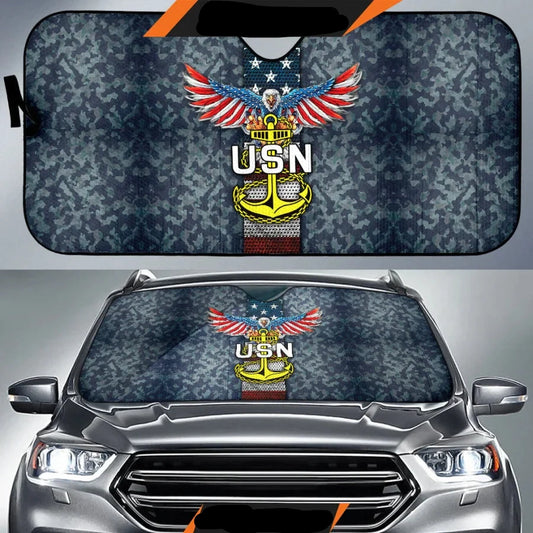 Veteran Car Sun Shade USN Symbol Eagle Flag Wings Camoflage Winshield Sun Shade Gray