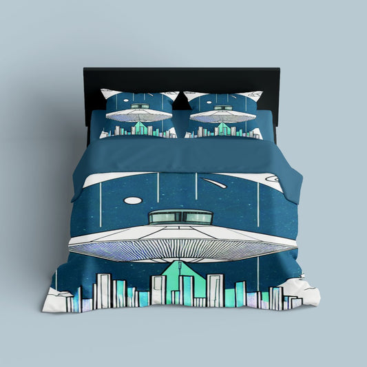 UFO Bedding Set UFO In The City Sky Duvet Covers Blue Unique Gift