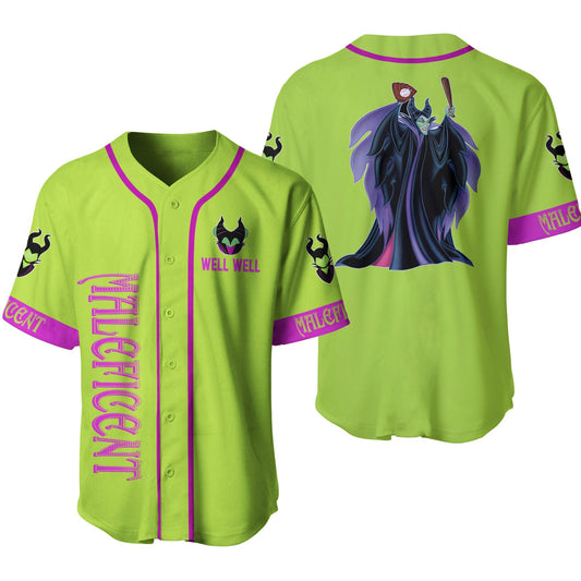 Disney Jersey Disney Villian Maleficent Graphic Pattern Well Well Green Purple Jersey Shirt Disney Baseball Jersey Maleficent Baseball Jersey