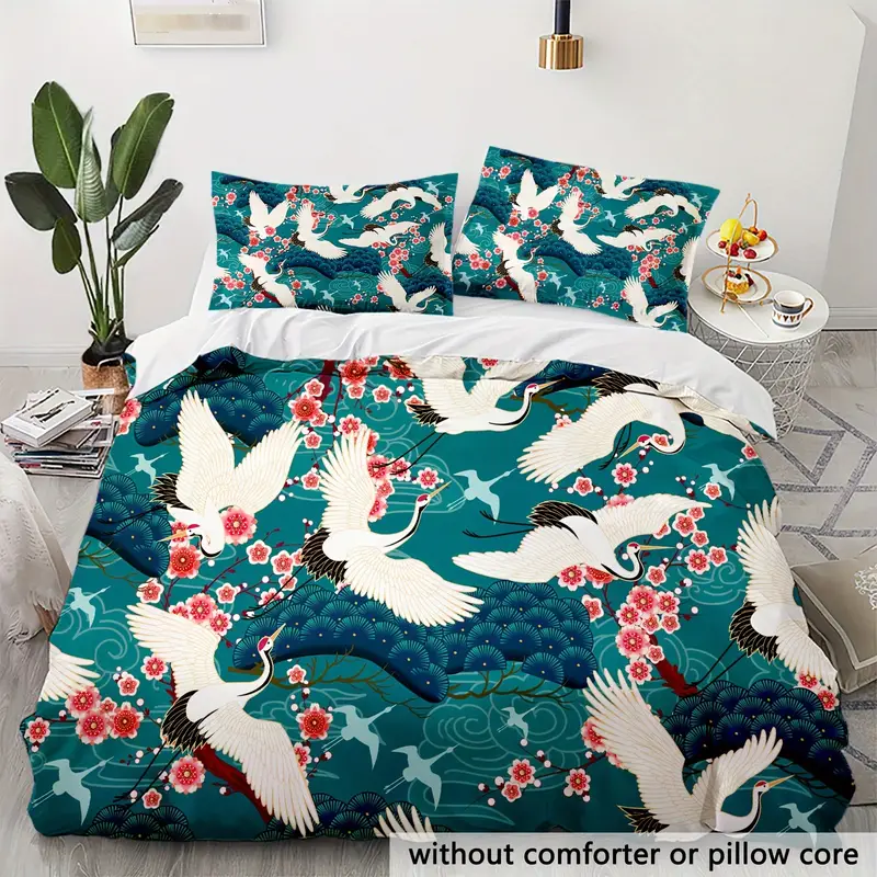 Japan Bedding Set Japanese Vintage Crane And Cherry Blossoms Duvet Covers White Green Unique Gift