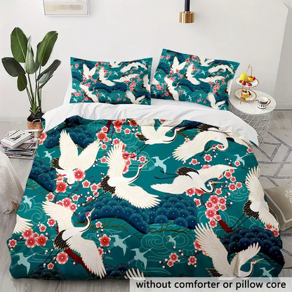 Japan Bedding Set Japanese Vintage Crane And Cherry Blossoms Duvet Covers White Green Unique Gift