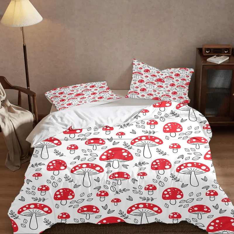 Mushroom Bedding Set Mushroom And Leaves Pattern Duvet Covers White Red Unique Gift