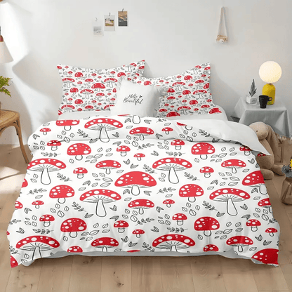 Mushroom Bedding Set Mushroom And Leaves Pattern Duvet Covers White Red Unique Gift