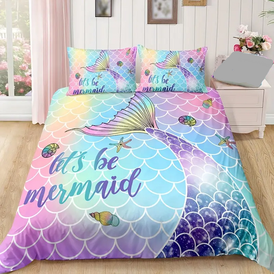 Mermaid Bedding Set Let's Be Memaid Scale Pattern Duvet Covers Colorful Unique Gift