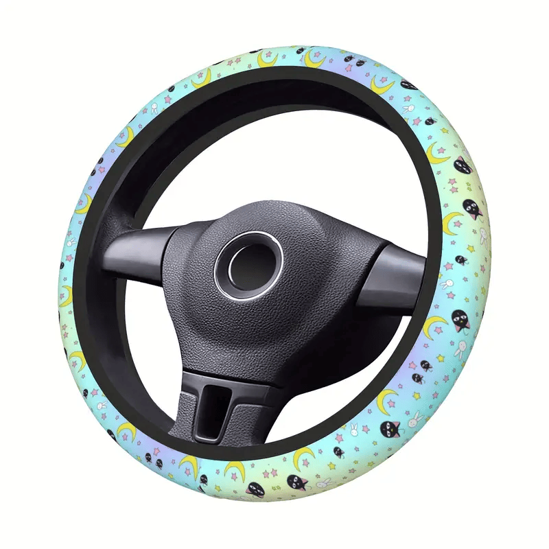 Sailor Moon Steering Wheel Cover Luna And Rabbit Moon Pattern Driving Wheel Cover Blue