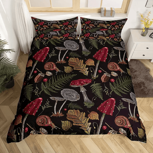 Mushroom Bedding Set Wild Mushroom Leaf Snail Pattern Duvet Covers Black Unique Gift