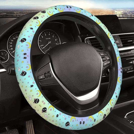 Sailor Moon Steering Wheel Cover Luna And Rabbit Moon Pattern Driving Wheel Cover Blue