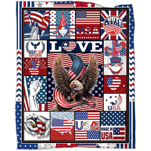 Veteran Blanket American Flag Eagle Made In USA Blanket Red Blue