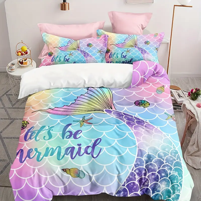 Mermaid Bedding Set Let's Be Memaid Scale Pattern Duvet Covers Colorful Unique Gift