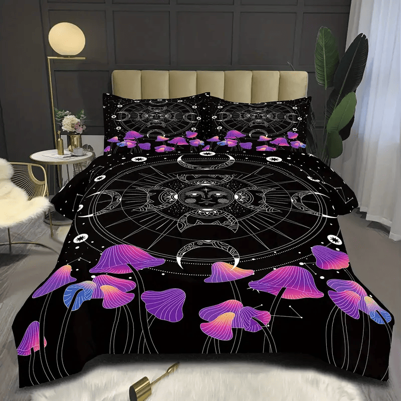 Mushroom Bedding Set Moon Sun Totem Mushroom Duvet Covers Black Purple Unique Gift