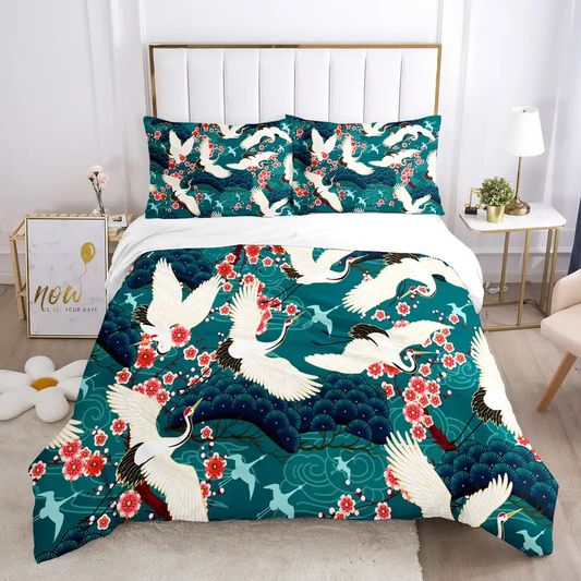 Japan Bedding Set Japanese Vintage Crane And Cherry Blossoms Duvet Covers White Green Unique Gift