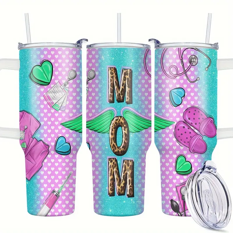 Mother 40 Oz Tumbler Mom Nurse Heart Wings Pattern Tumbler 40 Oz Blue Pink