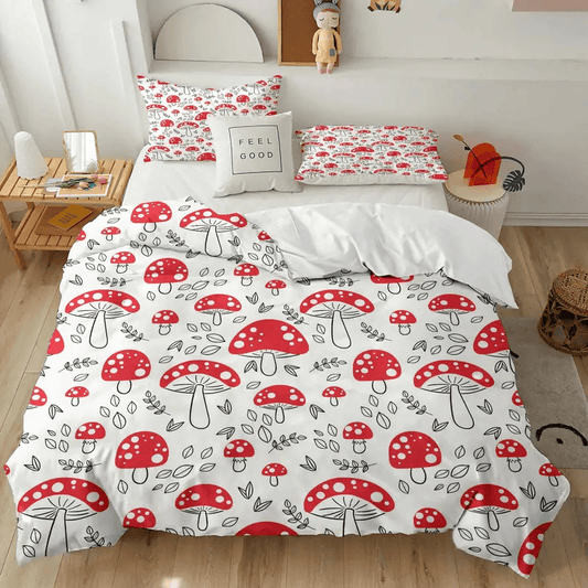 Mushroom Bedding Set Mushroom And Leaves Pattern Duvet Covers White Red Unique Gift